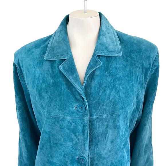 VTG JESSICA HOLBROOK Washable Suede Button Front Blazer Coat in Teal Blue SZ L - Picture 3 of 11